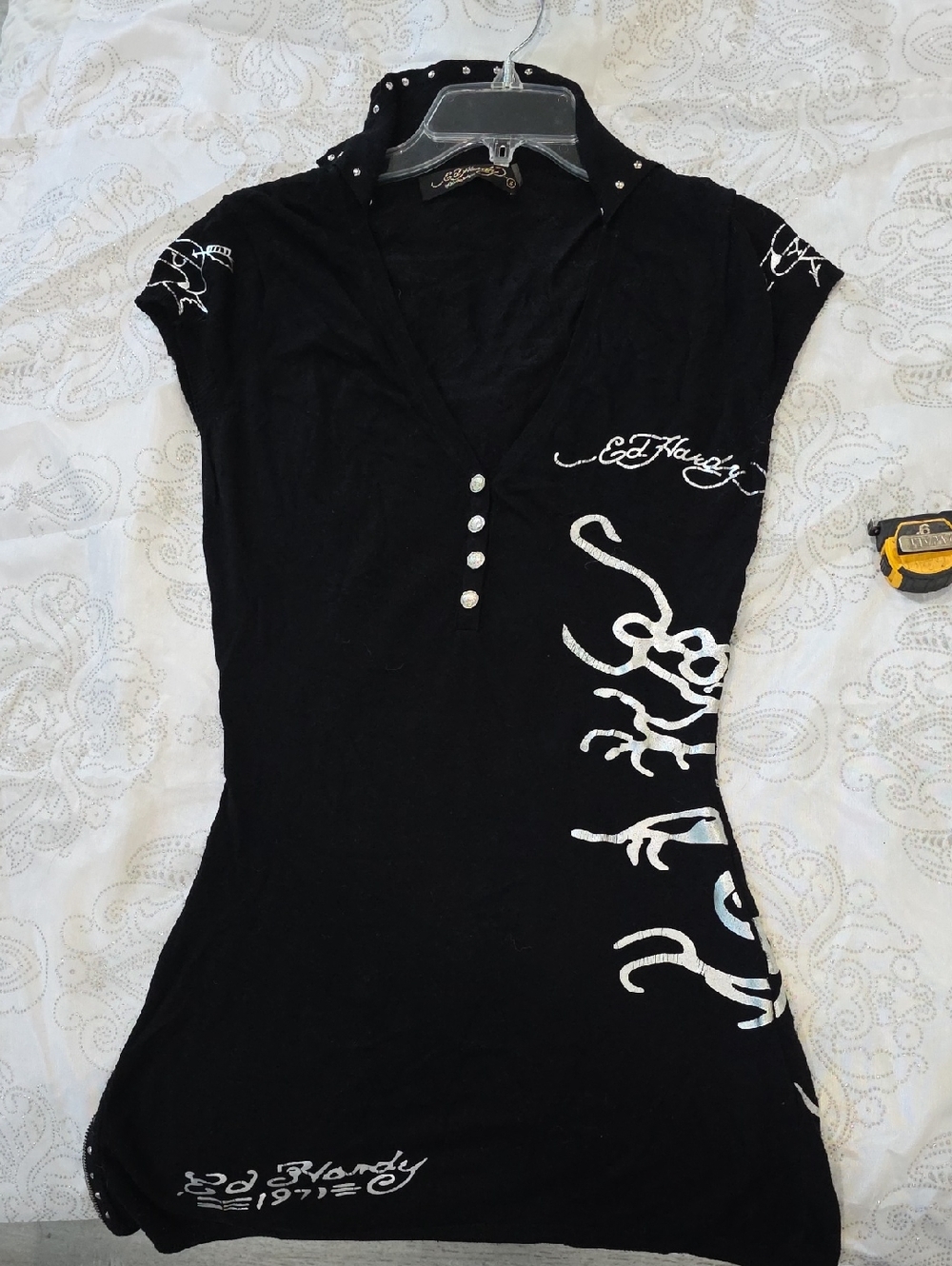 Ed Hardy Black Tunic Top with White Script and Graphic Accents